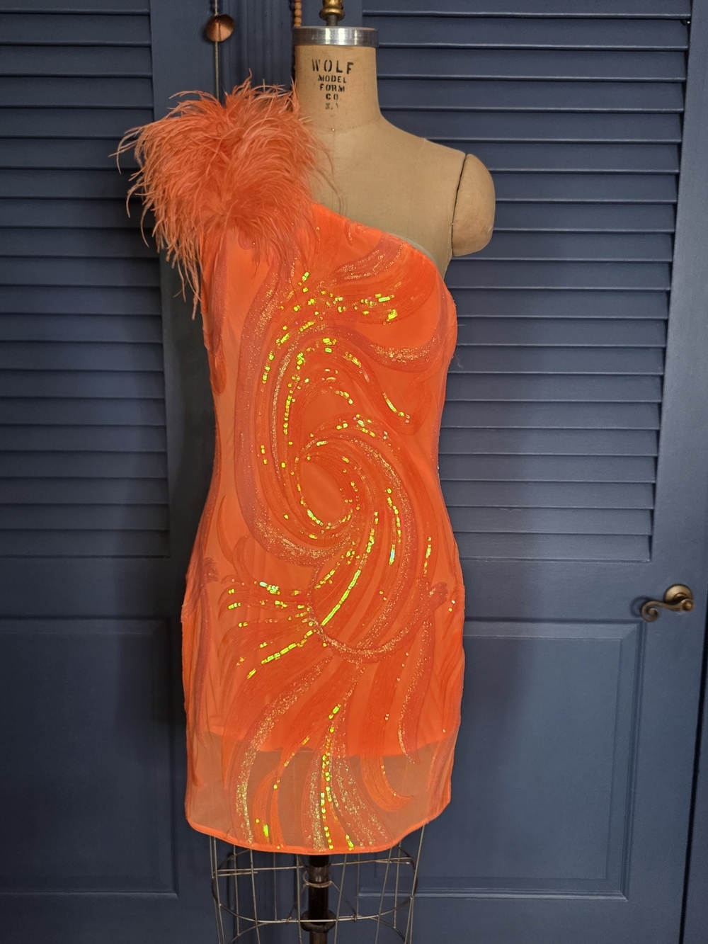 NWT Jovani 36713 Orange Sequin One Shoulder Feather Mini Dress Sz 14